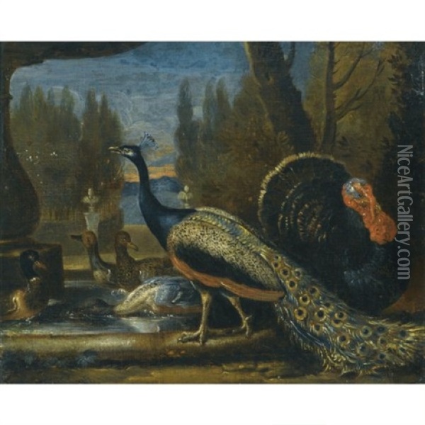 Ducks, A Peacock And A Turkey In A Parkland Setting (+ Hare, Birds And A Spaniel ; Pair) Oil Painting - David de Coninck