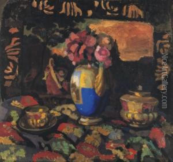 Still Life With Flowers And Tea-set (recto); Interior With Flowers (verso) Oil Painting - Nikolai Semenovich Zaitsev