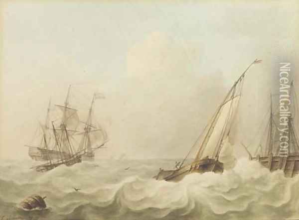 Shipping in heavy sea, a breakwater to the right Oil Painting - Isaak Schouman