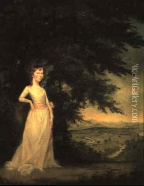 Portrait Of A Young Girl Said To Be A Member Of The         Pennington Family Of Muncaster Castle, Standing Full Oil Painting - Robert Healy