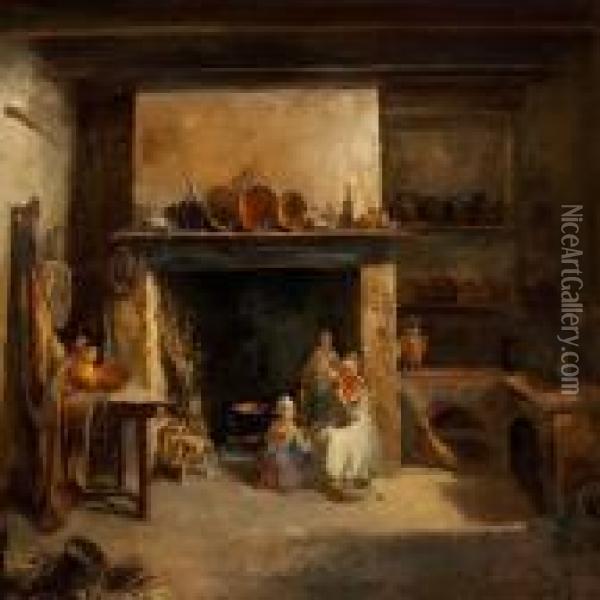 Kitchen Interior With Two Women And A Girl At The Fireplace Oil Painting - Joseph Bail