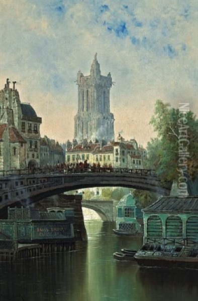 Bastille Day, Ille St. Louis Bridge, Paris Oil Painting - Edwin Deakin