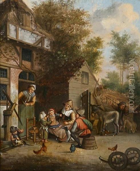 A Pair Of 17th Century Village Scenes, Figures Outside An Inn And A Thatched House Oil Painting - Adriaen Jansz. Van Ostade