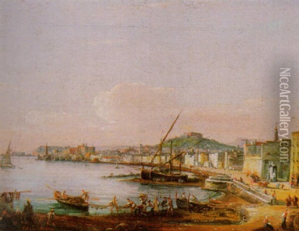 View Of The Bay Of Naples Looking Towards The Castel Nuovo And The Mole Oil Painting - Salvatore Candido