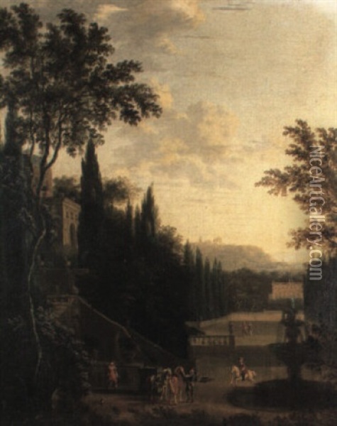 Figures And Horses By A Fountain In The Grounds Of An       Italianate Villa Oil Painting - Isaac de Moucheron