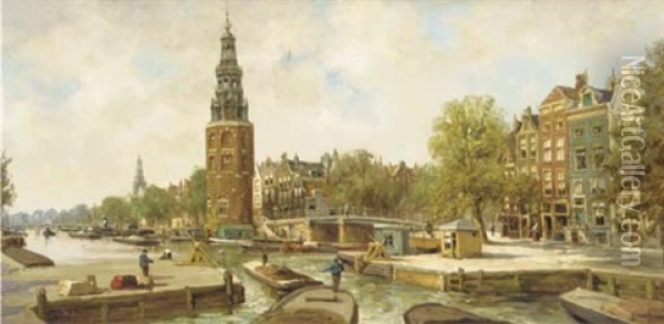 View On The Montelbaanstoren, Amsterdam Oil Painting - Jan Geerard Smits