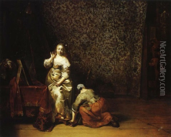 Une Dame Et Sa Servante Dans Un Interieur Hollandais Oil Painting - Pieter Jacobs Codde