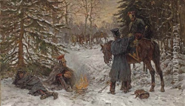 Terugtocht Uit Rusland: The Retreat Of Napoleons's Soldiers Out Of Russia 1812 Oil Painting - Jan Hoynck Van Papendrecht
