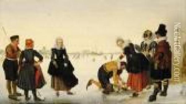 Elegant Ladies And Gentlemen On A Frozen River Oil Painting - Hendrick Avercamp