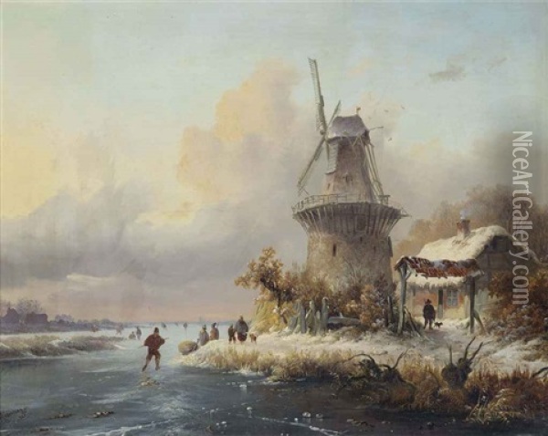 Skaters By A Windmill Oil Painting - Frederik Marinus Kruseman