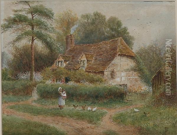 Figures And Chickens Before A Country Cottage Oil Painting - Myles Birket Foster