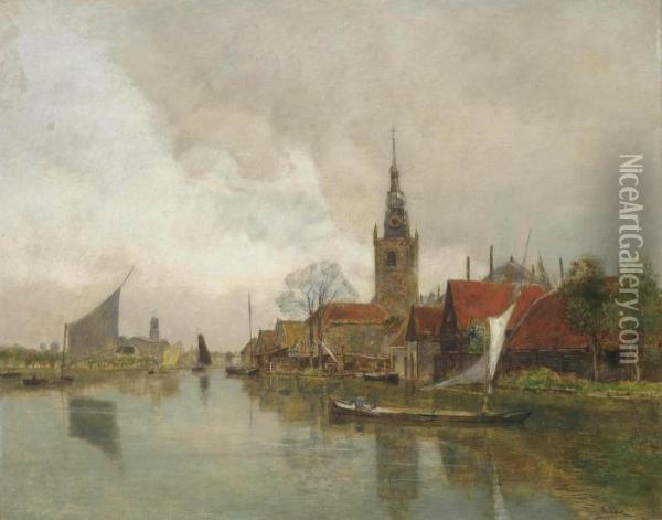 Vessels On The Schie In Overschie, In The Municipality Of Rotterdam Oil Painting - Rudolf Ribarz
