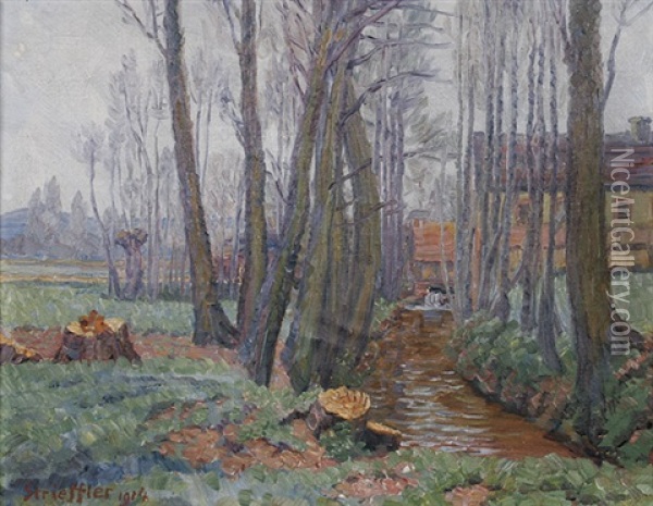 Landschaft Mit Bachlein Zwischen Zwei Baumreihen Oil Painting - Heinrich Strieffler