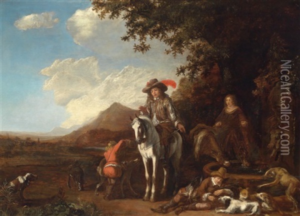 Rastende Jagdgesellschaft Bei Einem Brunnen Oil Painting - Abraham Danielsz Hondius