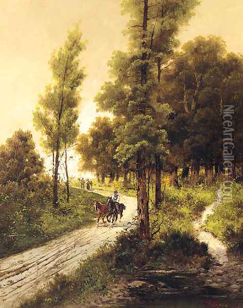 Travellers on a Track in a wooded Landscape Oil Painting - Alfred Steinacker