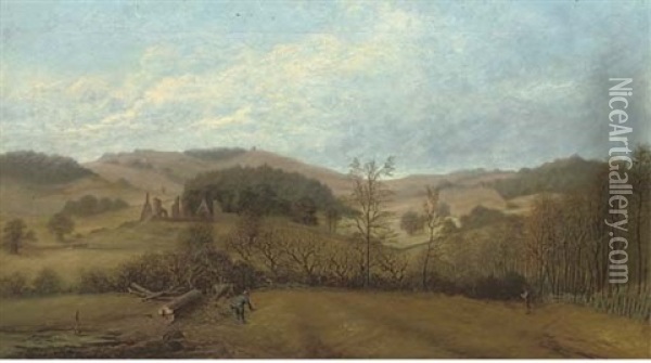 Bradgate Park, Leicestershire, With The Ruins And Old John Oil Painting - John Wilton Adcock