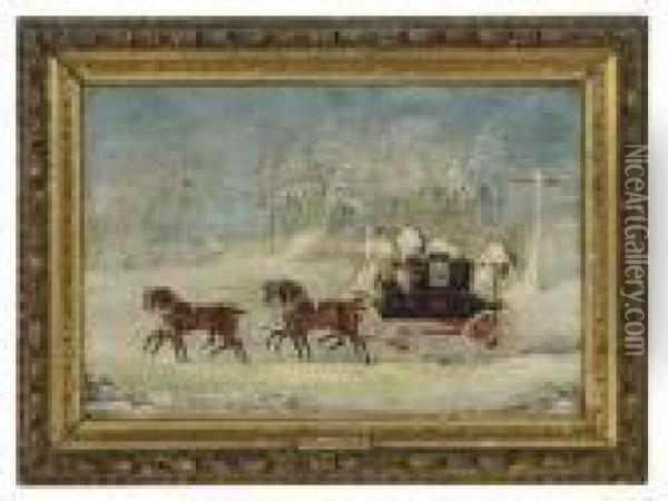 A Horse Pulled Coach In A Snowy Landscape Oil Painting - James Pollard
