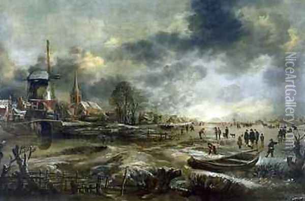Frozen River Scene Oil Painting - Aert van der Neer