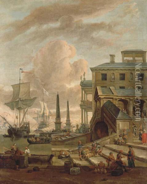 A Capriccio Of A Mediterranean Harbour With Stevedores Oil Painting - Abraham Storck