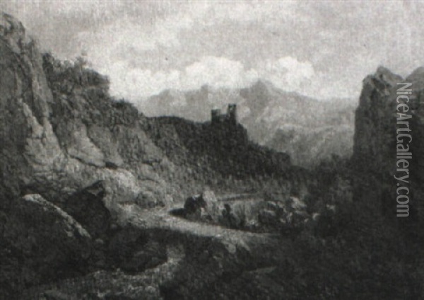 An Extensive Mountainous Landscape With Figures Below A Castle Ruin Oil Painting - Carl Maria Nicolaus Hummel