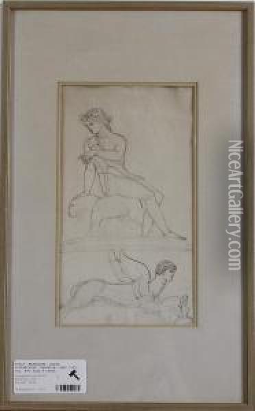 Motiv Av Mytologiska Gestalter I Form Av Kvinnligt Vasen Samt Bevingad Sfinx. Bildstorl Oil Painting - Louis Masrelier
