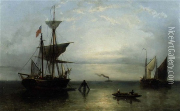 Barges Moored In A Calm: A Steamship In The Distance Oil Painting - Nicolaas Riegen