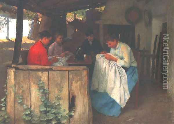 On the Porch c 1900 Oil Painting - Sandor Bihari
