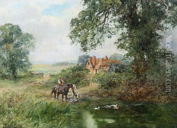 A Rural Scene With A Farmer 
Watering Two Heavy Horses, Ducks Nearby, Chickens And A Farm Beyond, 
Signed Oil Painting - Henry John Yeend King