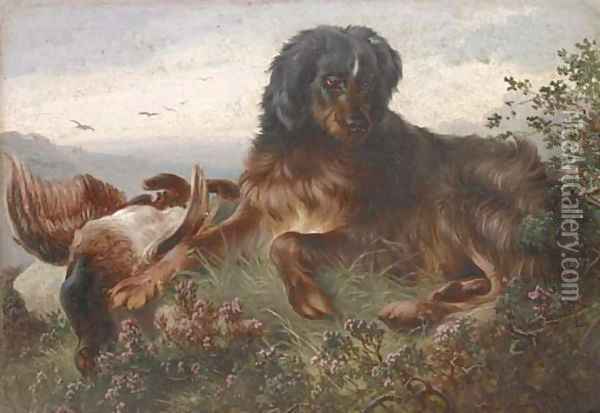 A gundog with a grouse Oil Painting - Alfred Dawson