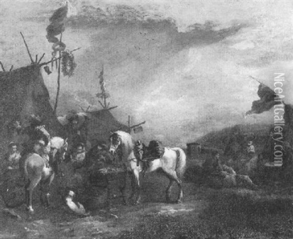 Horsemen Halted Beside A Tent, With Figures Resting Oil Painting - Carel van Falens