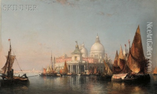 Morning In Venice--dogana (custom House) And Church Of The Santa Maria Della Salute Oil Painting - Thaddeus Defrees