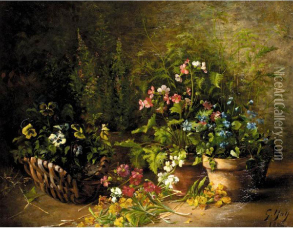 Still Life Of Flowers In Pots And A Basket Oil Painting - Gustave Hall