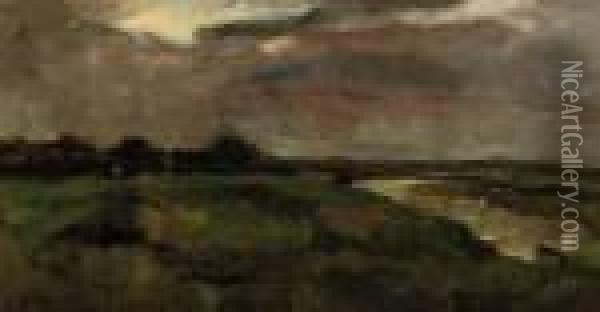 Zomerregen: A Polderlandscape In Grey Weather Oil Painting - George Hendrik Breitner