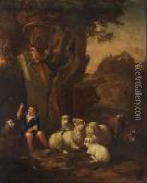 Young Shepherd With His Herd And A Macaw Resting Near A Tree In An Arcadian Landscape Oil Painting - Jan Baptist Weenix