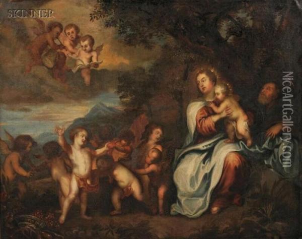 The Holy Family With Cherubs Oil Painting - Philip Le Petit Van Dyk