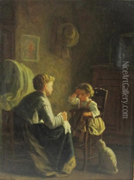 A Mother And Child In An Interior Oil Painting - Michel Arnoux