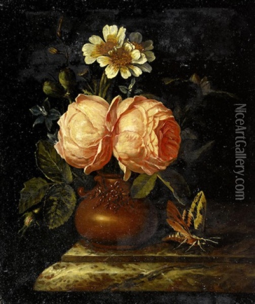Roses In An Earthenware Vase On A Marble Ledge Oil Painting - Willem Frederik van Royen