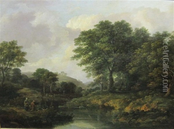 A Wooded River Landscape With Anglers On A Bank Oil Painting - Ramsay Richard Reinagle