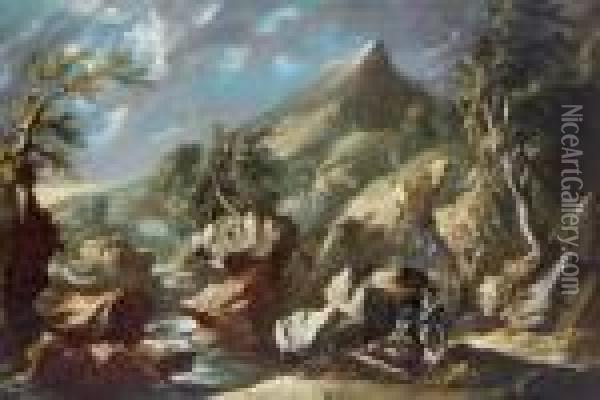 Paesaggio Roccioso Con Due Cacciatori Oil Painting - Antonio Maria Marini