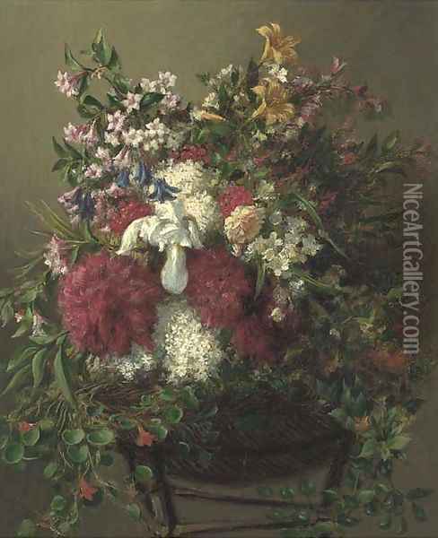 Summer flowers in a basket Oil Painting - Mark Fischer