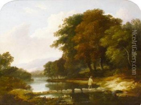 Wooded River Landscape With Figure Crossing The River Oil Painting - James Arthur O'Connor