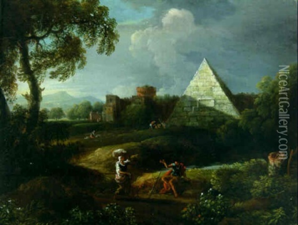 A River Landscape With The Pyramid Of Cestius And A Fortified Castle Oil Painting - Jan Frans van Bloemen