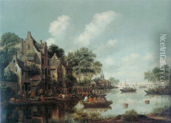 A Village On An Estuary With Numerous Figures And Boats Outside An Inn Oil Painting - Thomas Heeremans