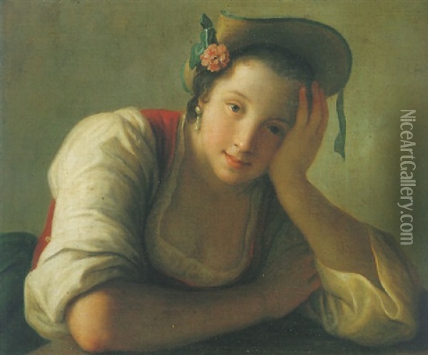 Portrait Of A Seated Girl Wearing A Straw Hat With A Flower, Leaning On A Table Oil Painting - Pietro Antonio Rotari