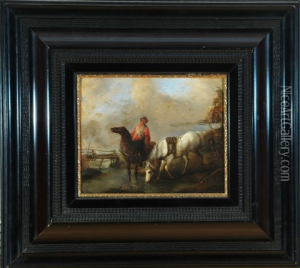 Berittener Bauer Mit Seinen Pferden An Der Tranke (after Philips Wouwerman (1619-1668)) Oil Painting - Wilhelm Alexander Wolfgang von Kobell
