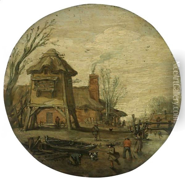 A Winter Landscape With Figures Skating And Playing Kolf On A Frozen River, Before A Large Dovecote And A Cottage Oil Painting - Esaias Van De Velde