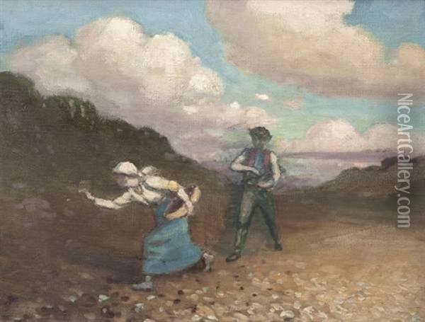 Two Figures Foraging In A Landscape Oil Painting - George Russell