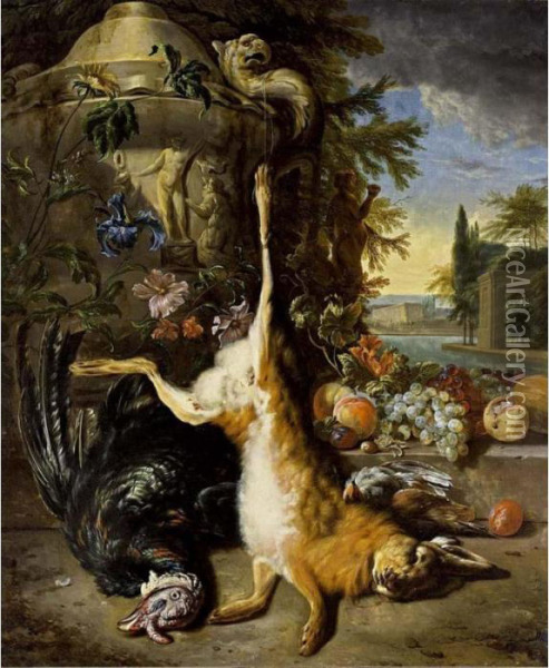 A Hunting Still Life With A 
Hare, A Turkey And Partridges Near A Sculpted Vase With An Iris And 
Other Flowers, Together With Grapes, Peaches And Prunes On A Stone 
Ledge, All In A Park Setting With A View Of A Palace Beyond Oil Painting - Jan Weenix