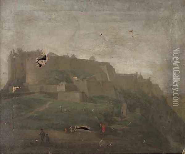 Figures before a Castle, thought to be Edinburgh Oil Painting - Hendrick Danckerts