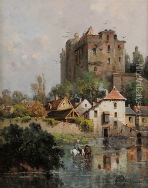 Chevaux Aux Abords Du Chateau De Clisson Oil Painting - Gustave Mascart